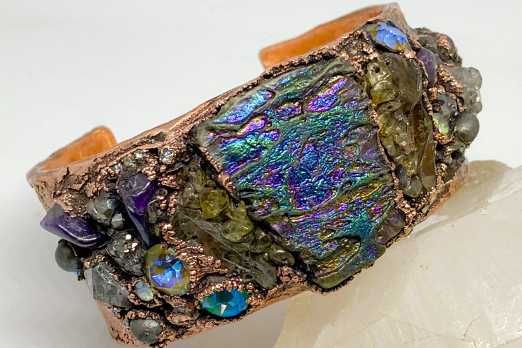 Raku copper cuff  gemstone bracelet