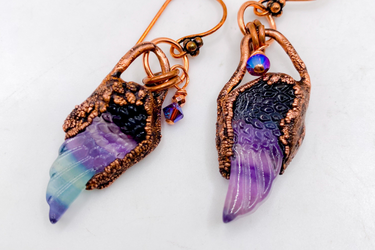 Rainbow flourite wing earrings