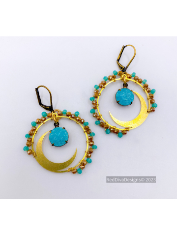 Turquoise and Topaz crystal Crescent wired Earrings